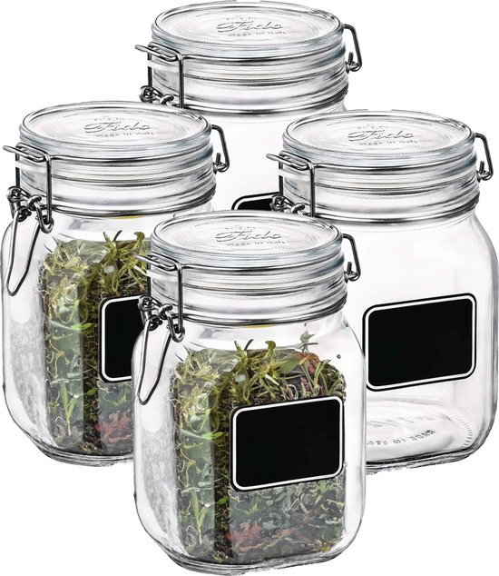 Bormioli Rocco Stock/weck pot - 4x - verre - transparent - assiette à craie - 16 x 10,6 cm - 1 L