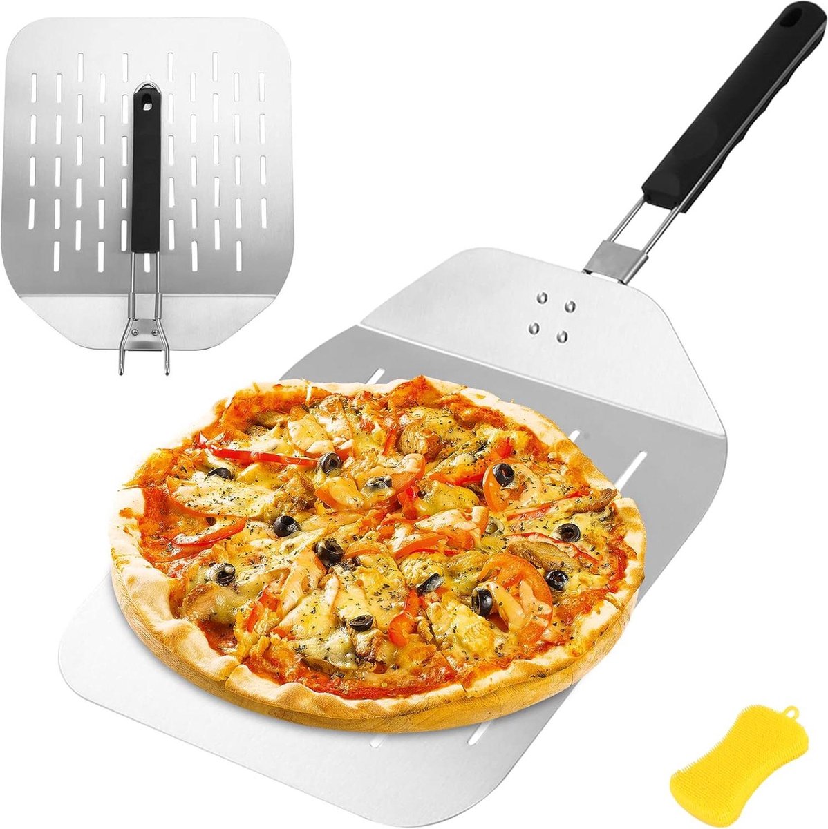 Kort geperforeerde professionele pizzaschep van roestvrij staal grote ondersteuning inklapbare handgreep voor oven en grill brood bakken stabiel