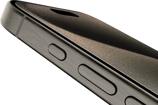 Close-up van de zijkant van een donkergrijze iPhone met volume knoppen.