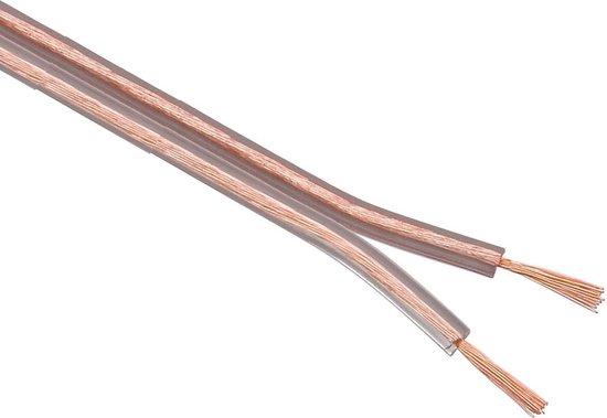 Dubbele transparante luidsprekerkabel met blootliggende koperen geleiders.