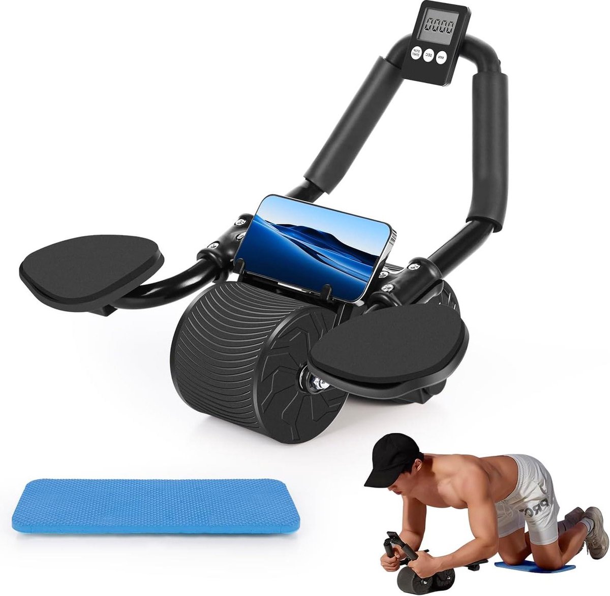 Automatische Rebound Abdominal Roller Wheel - Stabiele Dubbele Wielen - Buikspiertrainer met Kniemat - Thuis Fitnessapparaat Men Vrouwen