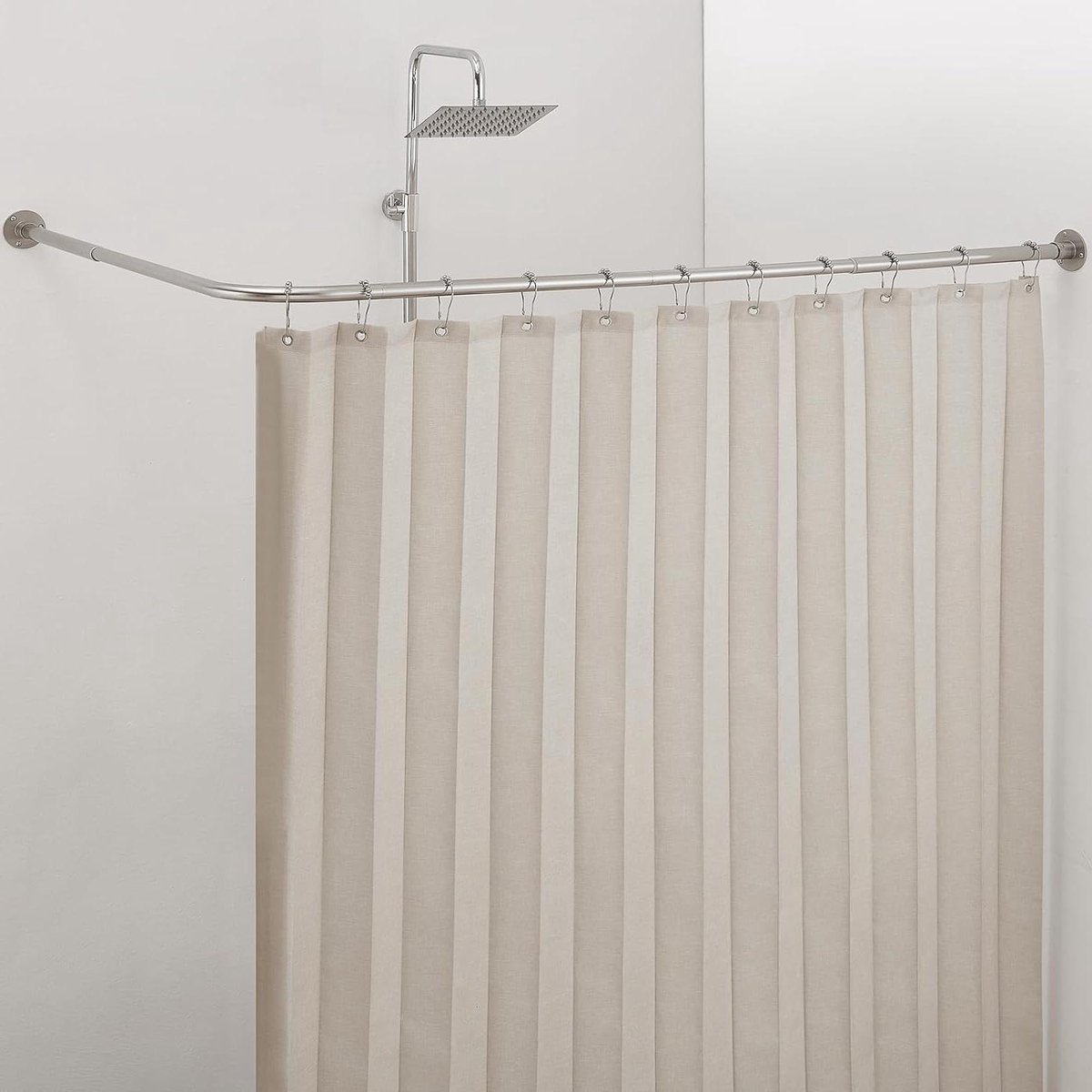 L-vormige douchegordijnstang 99-175 cm x 139-216 cm geen doorhangen 304 roestvrij staal 90 graden gebogen badkamer gordijnroede met ringhaken en plafondsteun