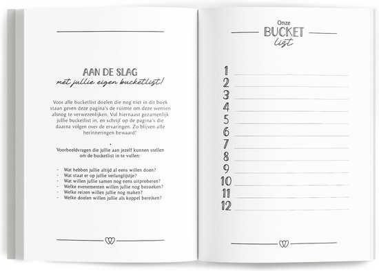 Open bucketlist boek met de titel 'Aan de slag met jullie eigen bucketlist!' en een lijst met nummers voor uitdagingen.