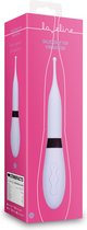 Een paarse doos met een afbeelding van een paarse vibrator met siliconen punt.