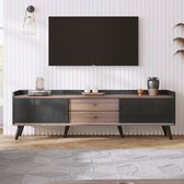 Meuble TV avec deux tiroirs, table TV, étagère TV, meuble TV avec deux portes coulissantes. Belle texture. Couleur bois Zwart et naturel. H58/L160/P40cm