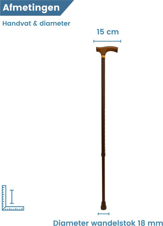 Bruine wandelstok met een handvat van 15 cm breed en een schachtdiameter van 18 mm.