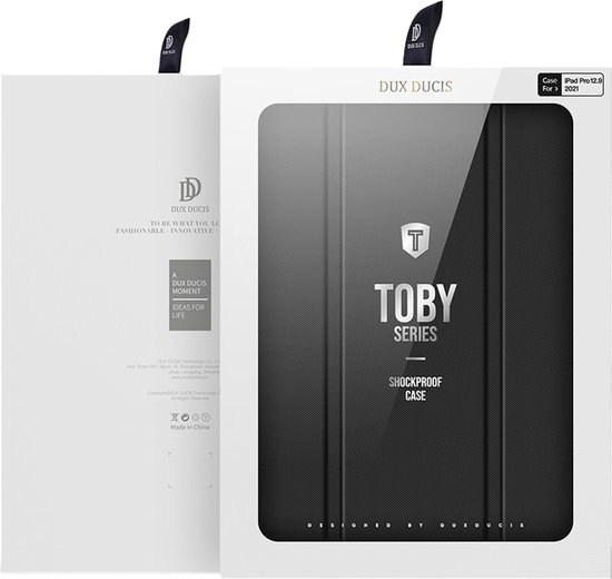 Verpakking van een zwarte Dux Ducis Toby Series schokbestendige hoes voor iPad Pro 12.9 2021.