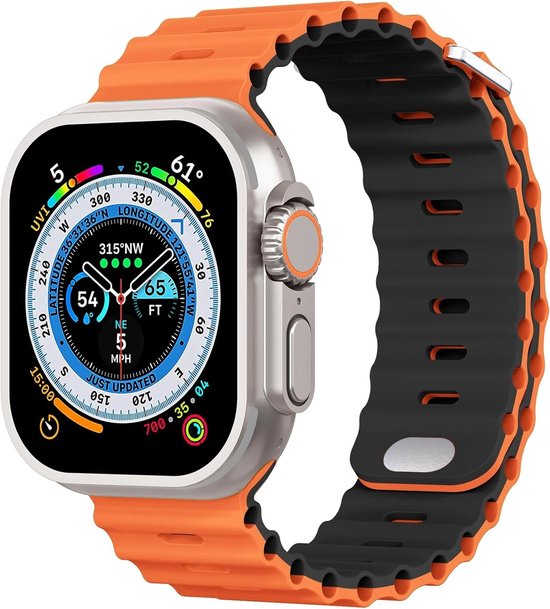 Bracelet Strap-it Ocean avec fermeture à pression - adapté à l' Apple Watch Series 1/2/3/4/5/6/7/8/9/SE/ Ultra - grandes tailles 42 mm/44 mm/45 mm/49 mm - bracelet en silicone iWatch -orange/noir