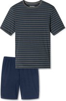 Gestreept pyjamashirt in antraciet met donkerblauwe strepen en een marineblauwe short.