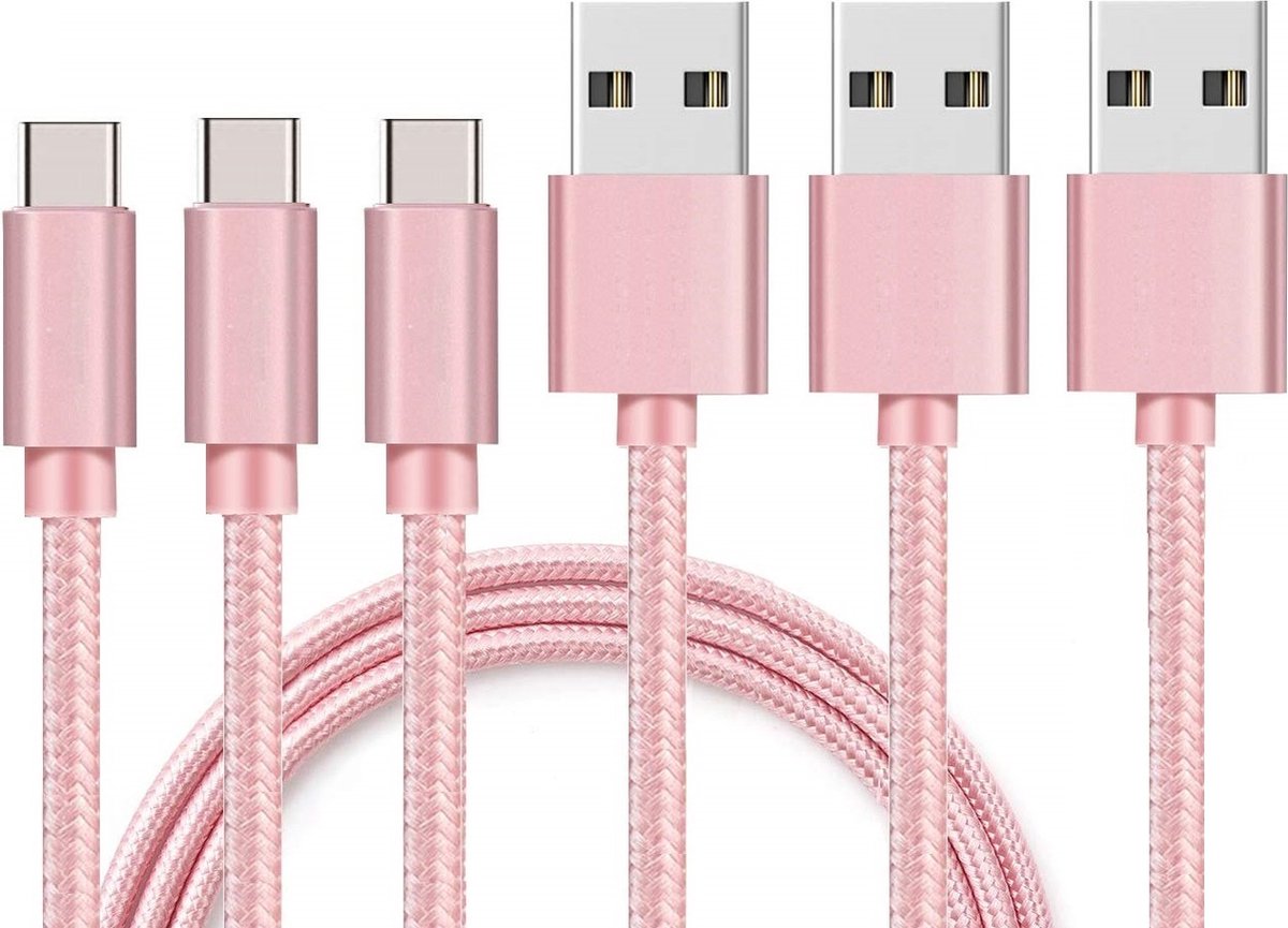 3x USB C naar USB A Nylon Gevlochten Kabel Roze - 1 meter - Oplaadkabel voor Realme 12 5G / 10 / 8 / 8i / 8 Pro / 7 / 7i / 7 Pro / 6 / 6i / 6s / 6 Pro / 5 Pro