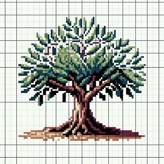 Pixel art olijfboom schilderij | Abstracte ode aan de natuur: betoverende pixel kunst olijfboom | Kunst - 100x100 centimeter op Canvas | Foto op Canvas