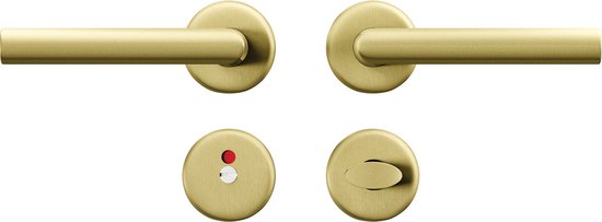 Gouden deurkrukken met ronde rozetten, inclusief slot en wc-sluiting.