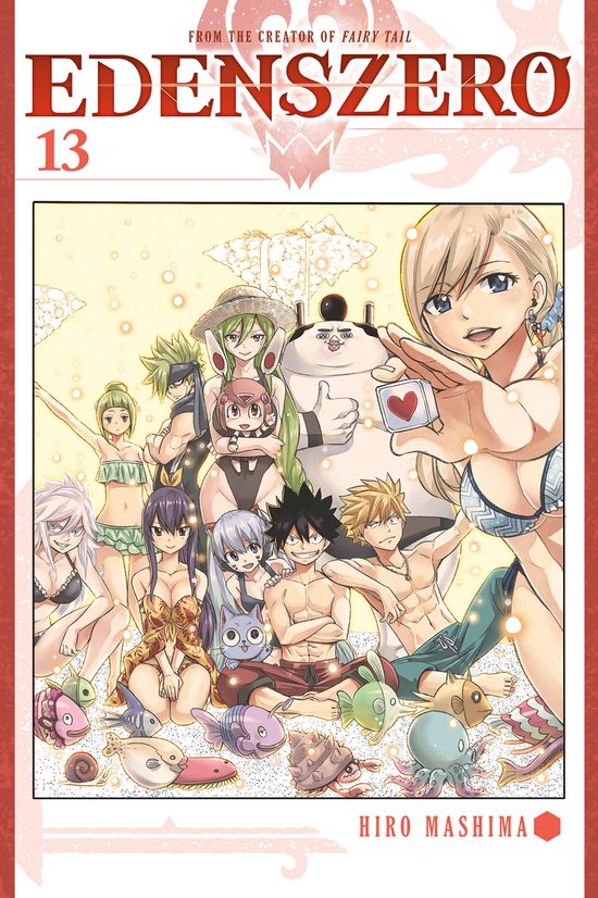 Edens Zero 13-cover met Shiki, Rebecca en vrienden in badkleding. Anime-stijl illustratie.