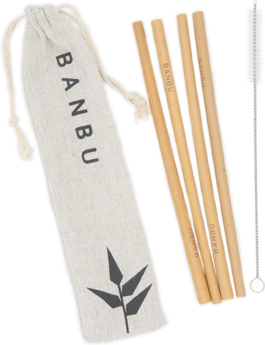 Banbu Bamboe Rietjes - 4 stuks incl. reiniger - Natuurlijk - Herbruikbaar - Biologische kwaliteit