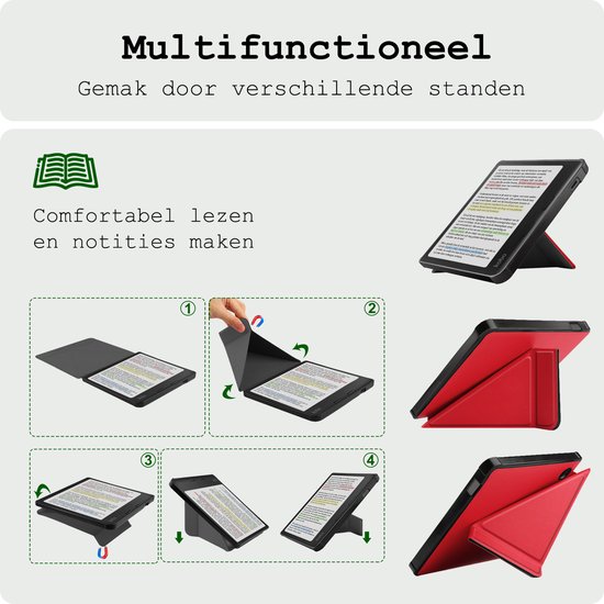Hoes Geschikt voor Kobo Libra Colour Hoesje Bookcase Cover Hoes Trifold Met Screenprotector - Hoesje Geschikt voor Kobo Libra Colour Hoes Cover Case - Rood van i12Cover — afbeelding 3