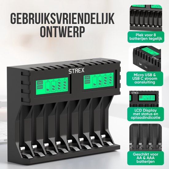 Zwarte batterijlader van Strex voor 8 AA/AAA batterijen. Met LCD scherm en USB C & Micro USB aansluiting.