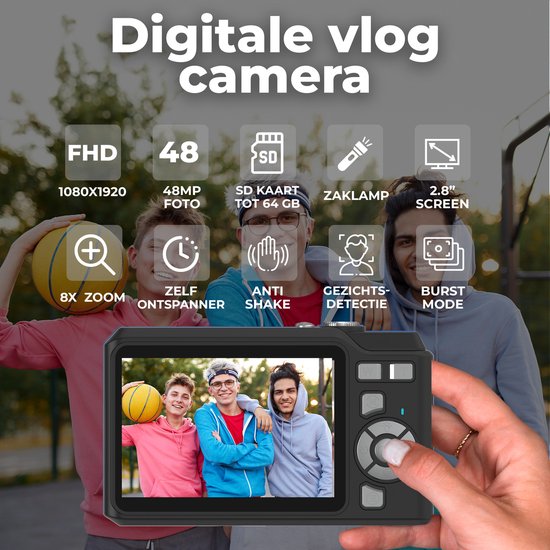 Digitale vlogcamera met de tekst "Digitale vlog camera", "FHD", "48MP FOTO", "SD kaart tot 64 GB", "ZAKLAMP", "2.8" SCREEN", "8X ZOOM", "ZIJF ONTSPanner", "ANTI SHAKE", "GEZICHTS-DETECTIE", "BURST MODE".