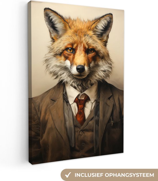 Peinture sur toile Vintage - Renard - Costume - Animaux - Lumière - 20x30 cm - Décoration murale