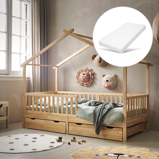 Foto: Bedhuisje 90x200 cm warm naturel met matras montessori peuterbed voor uren speelplezier huisbed inc beschermende bedhekjes maison collectie