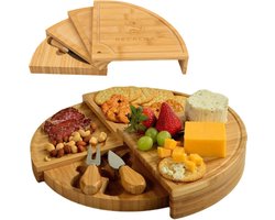 Recalma Tapasplank - Kaasplank - Hapjesplank Bamboe - Borrelplank - 4 lagen - Inclusief twee kaasmesjes - Ronde serveerplank