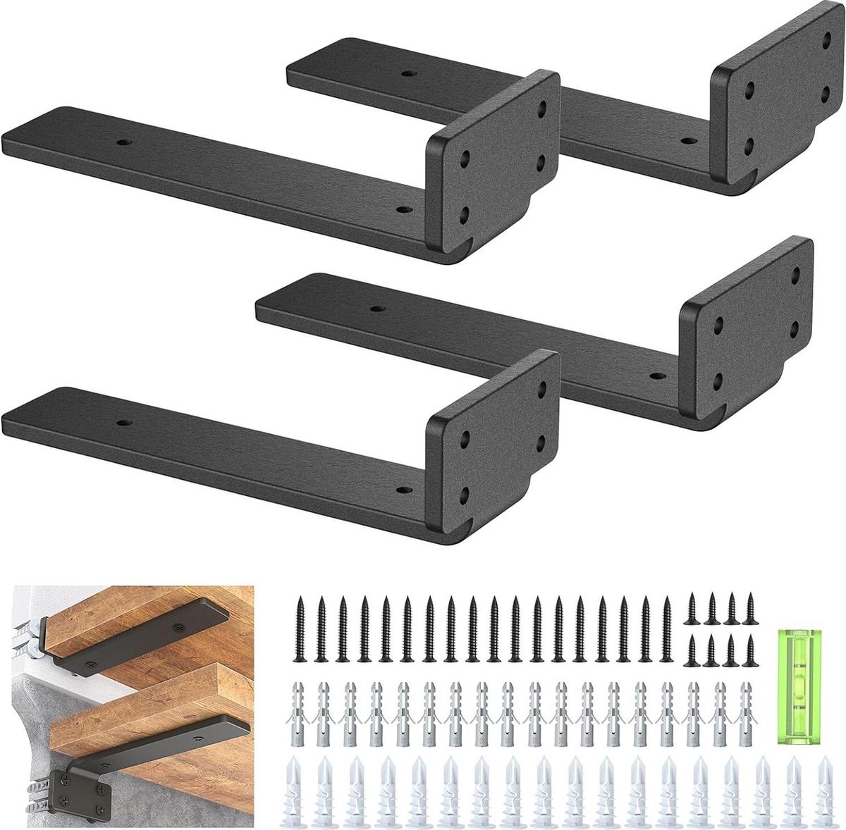 Plankbeugel, Zware Drijvende Plankbeugels 256x155mm, 4 Pack Beugels Voor Planken 5mm Dikke Matzwarte L Plankbeugels Stalen Plankbeugels Met 72 6kg Draagvermogen P 010398718778