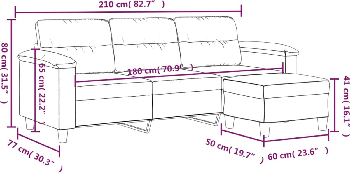 vidaXL Driezitsbank - met - voetenbank - 180 - cm - microvezelstof - zwart