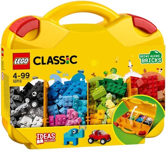 Gele koffer met LEGO Classic blokjes, 4-99 jaar, inclusief speelgoedauto, blauwe olifant en open koffer met sortering van blokjes.