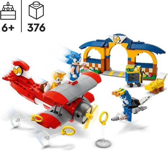LEGO Sonic speelset met 376 onderdelen, inclusief Tornado-vliegtuig, Tails' werkplaats en Sonic-minifiguren.