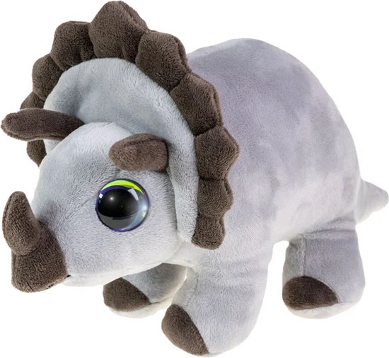 Grijze triceratops knuffel met grote blauwe ogen en bruine accenten.