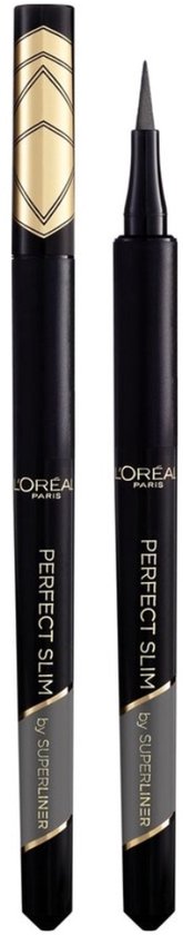 Twee zwarte L'Oréal Paris Superliner Perfect Slim liquid eyeliners, een met een gouden accent bovenaan.