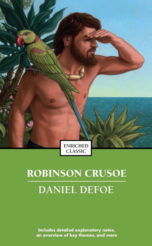 Boekomslag Robinson Crusoe met een man en een papegaai op het strand, inclusief tekst 'Enriched Classic'.