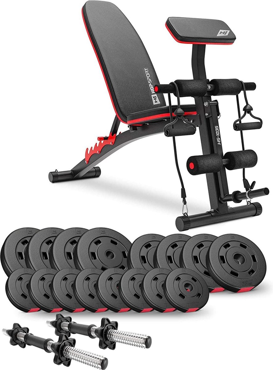 Hop-Sport HS-1035 – Hantelbank – Verstelbare Fitnessbank – Inclusief 40 kg Halterset – Gietijzeren Gewichten