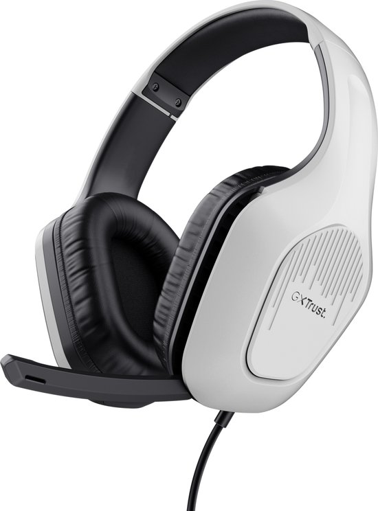 Witte gaming headset met zwarte oorkussens, verstelbare hoofdband en microfoon.