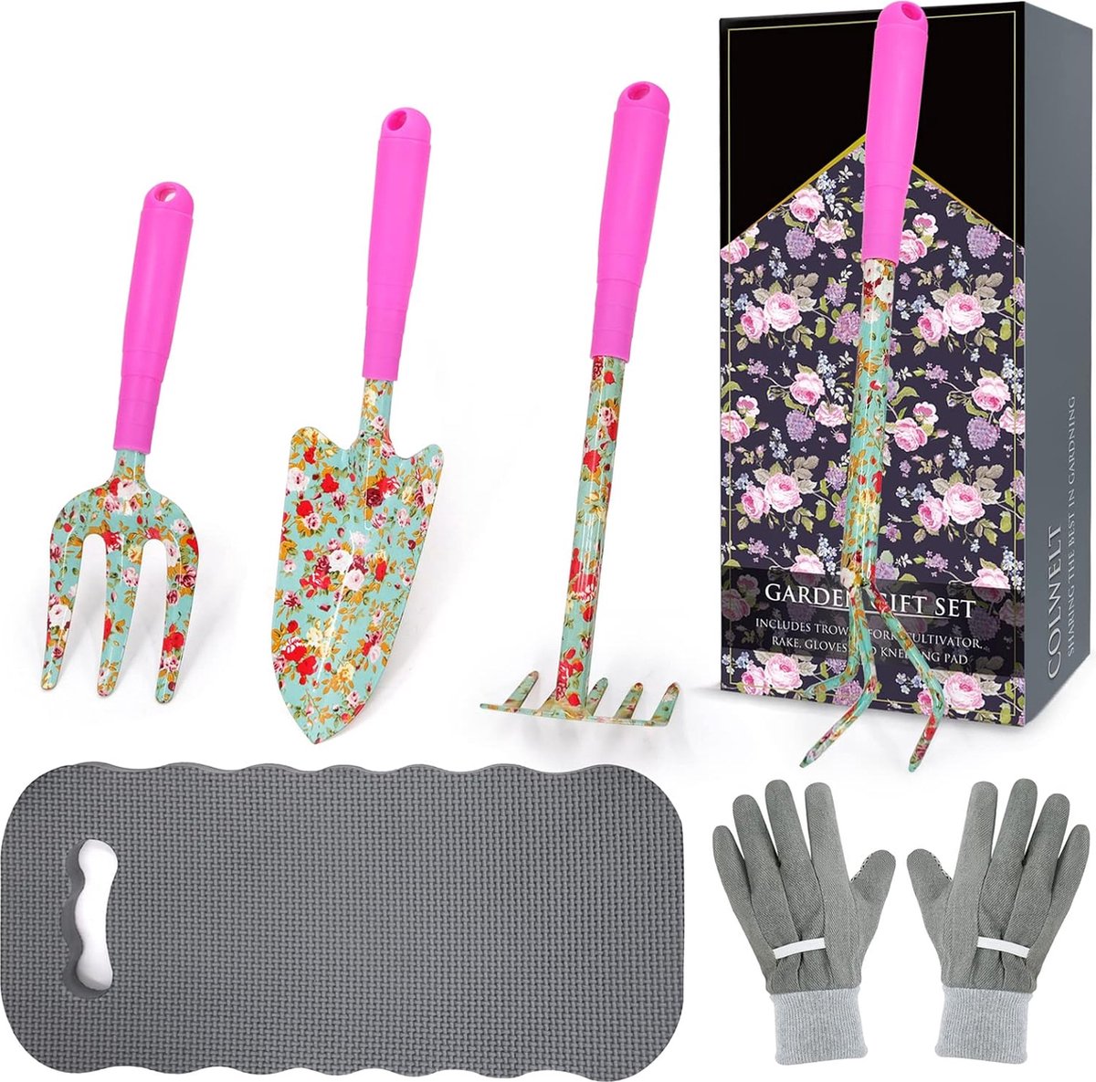 Bloementuingereedschapset 6-delige tuinset met prachtige print Tuincadeaus voor vrouwen met verplantschepje vork handhark cultivator tuinhandschoenen en kniebeschermer