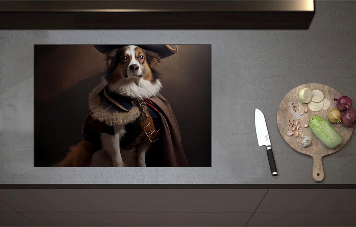 Inductieplaat Beschermer - Bruin met Zwarte Hond Verkleerd in Historisch Piraten Pak - 75x52 cm - 2 mm Dik - Inductie Beschermer - Bescherming Inductiekookplaat - Kookplaat Beschermer van Wit Vinyl
