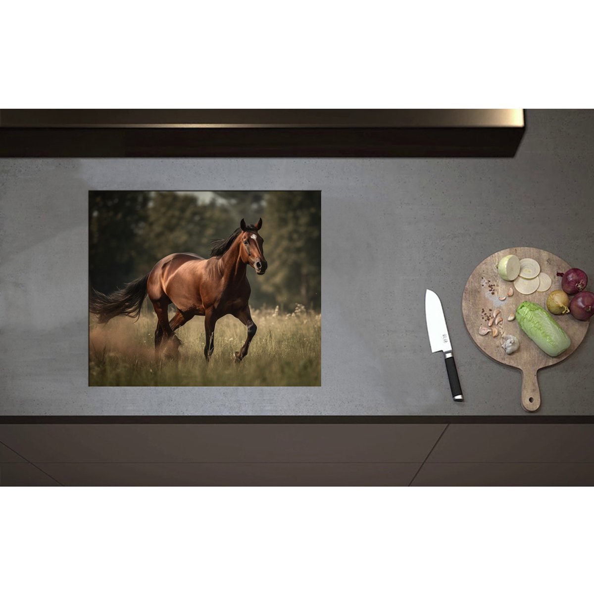 Inductieplaat Beschermer - Bruin Paard met Witte Bles Lopend door Weiland met Hoog Gras - 59x50 cm - 2 mm Dik - Inductie Beschermer - Bescherming Inductiekookplaat - Kookplaat Beschermer van Wit Vinyl