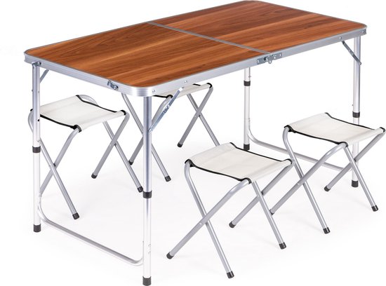 Inklapbare campingtafel - 120x60 cm - 4 stoelen - verstelbare hoogte
