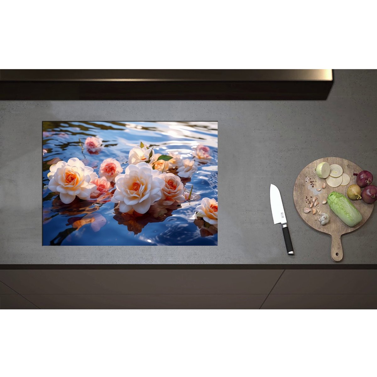 Inductieplaat Beschermer - Camellia Bloemen in het Water - 70x50 cm - 2 mm Dik - Inductie Beschermer - Bescherming Inductiekookplaat - Kookplaat Beschermer van Wit Vinyl