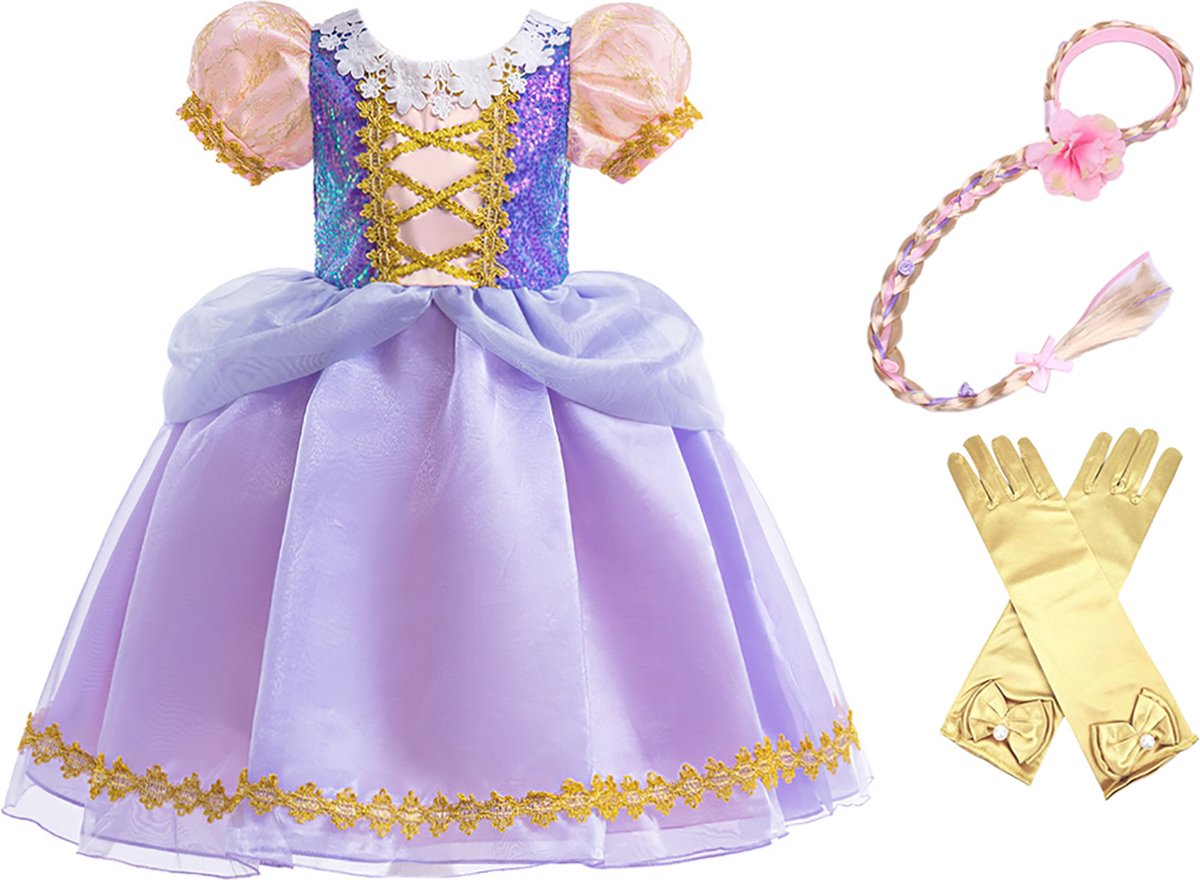 Prinsessenjurk meisje - Verkleedkleding - 110/116 - Carnavalskleding kind - prinsessen verkleedkleren - Haarband met vlecht - Handschoenen - Paars