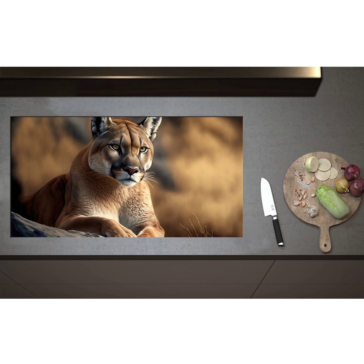 Inductieplaat Beschermer - Cartoon van Puma Liggend op Grijze Rots in Natuurgebied - 95x50 cm - 2 mm Dik - Inductie Beschermer - Bescherming Inductiekookplaat - Kookplaat Beschermer van Zwart Vinyl