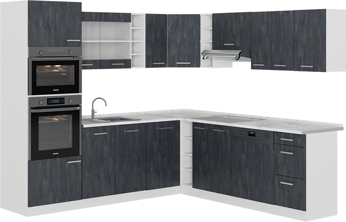 Cuisine R-Line, 300 cm avec armoire haute, PT Anthracite, Béton/blanc