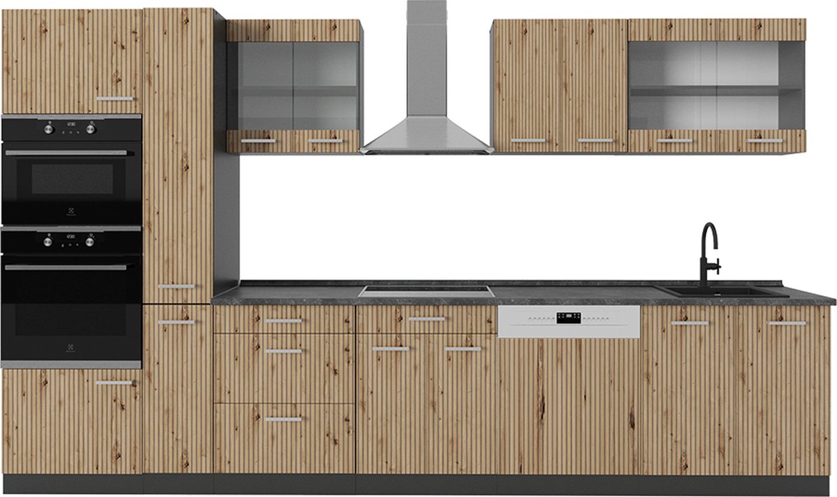 Vicco R-Line Complete keukeneenheid – 350 cm met hoge kast, zonder werkblad Artisanaal eiken/Goudkraft eiken