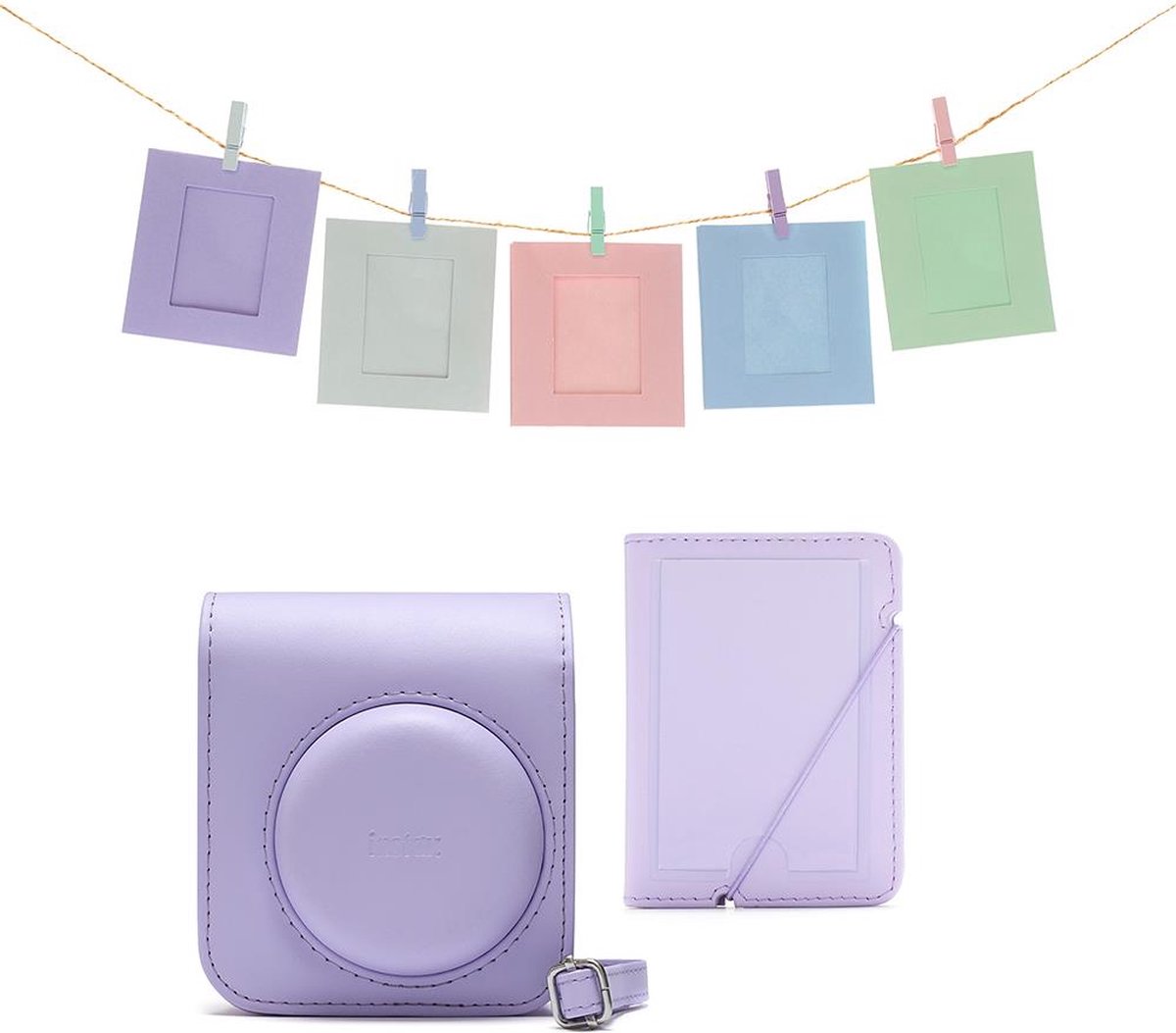 Fujifilm Instax Mini 12 accessoires - Cameratas, fotokaarten met clips & fotoalbum - Lila Paars