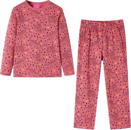 Pyjamaset in oudroze met luipaard- en hartjesprint: lange mouwen shirt en broek.