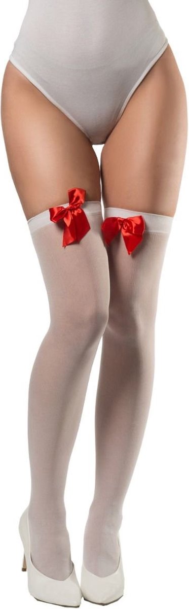 Partychimp Voordeelverpakking 6 pack Verkleed kniekousen - wit met rode strikjes - one size - voor dames -6 pack