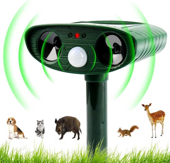 2x Kattenverjager op zonne-energie - ultrasoon,IP45 waterdicht, USB- oplaadbaar, met bewegingssensor, 5 frequentiebereiken en rode knipperlichten