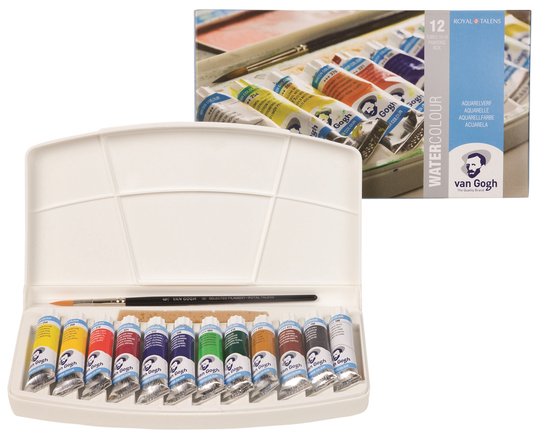 Verfdoos met 12 tubes Van Gogh aquarelverf, 10 ml per stuk, in diverse kleuren. Inclusief penseel en sponsje.