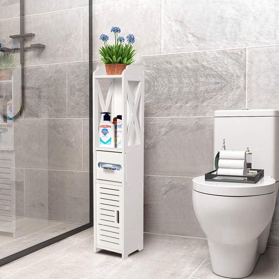 Foto: Hoge badkamerkast met open vak en laden toiletkast hoekkast shampoo opbergorganizer 80 x 155 x 155 cm 