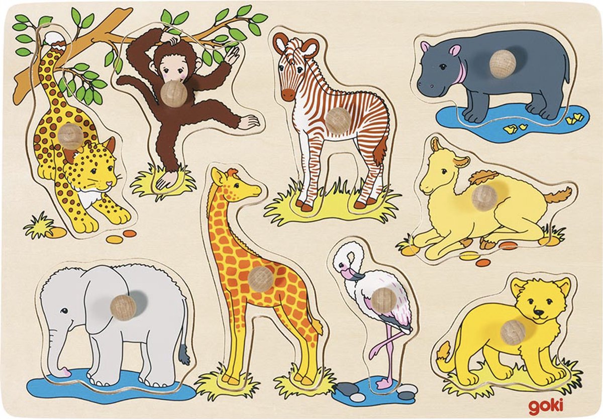 GOKI Steekpuzzel - Babydieren - 9 Delen - 30X21X2,4Cm - Hout - 1 Jaar