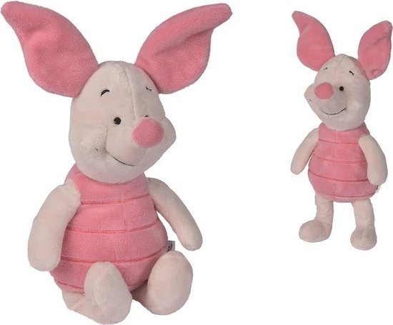 Zachte, roze knuffel van Piglet met grote flaporen, een roze neus en een roze gestreept vestje.